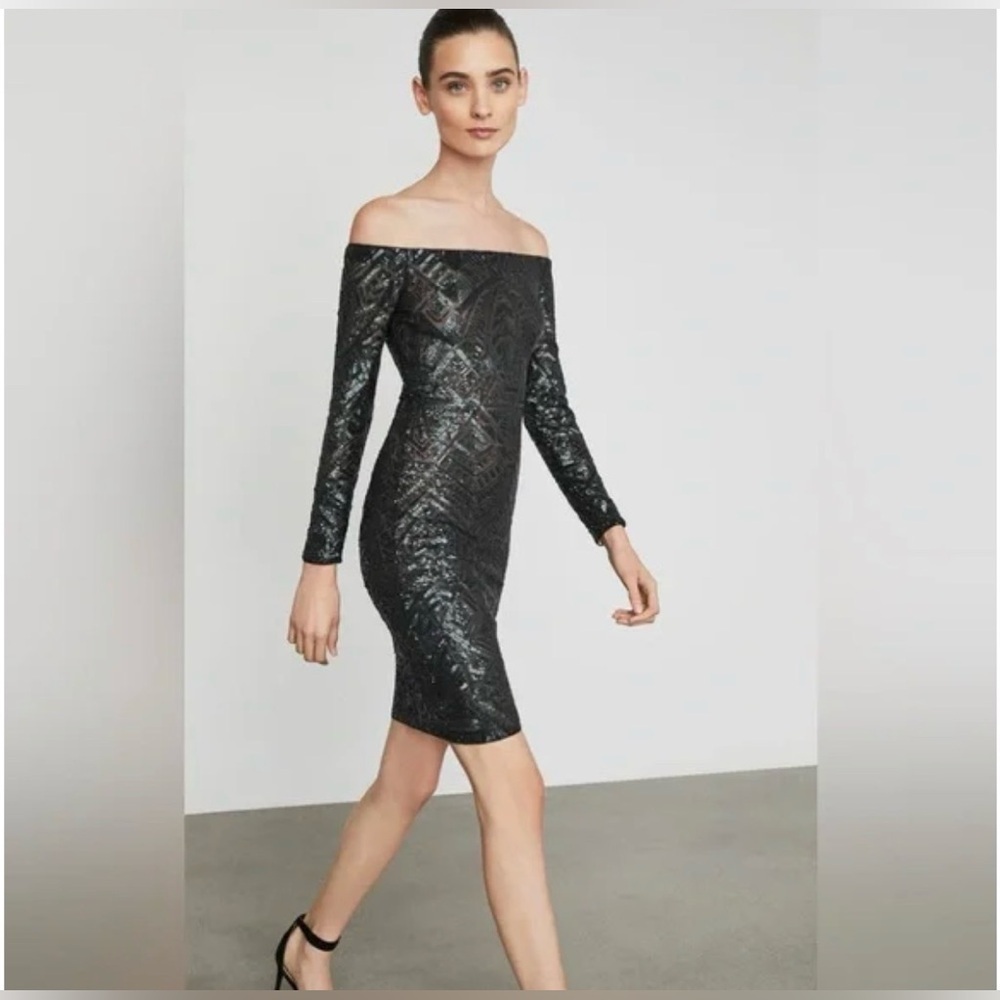 BCBGMaxAzria Eunice Sequin Off Shoulder Bodycon Dress Black New Tags Small - Picture 3 of 9